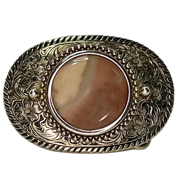 Vintage Accessories - Vintage Western Stone Agate Cab Cabochon Etched Silver Gold Belt Buckle